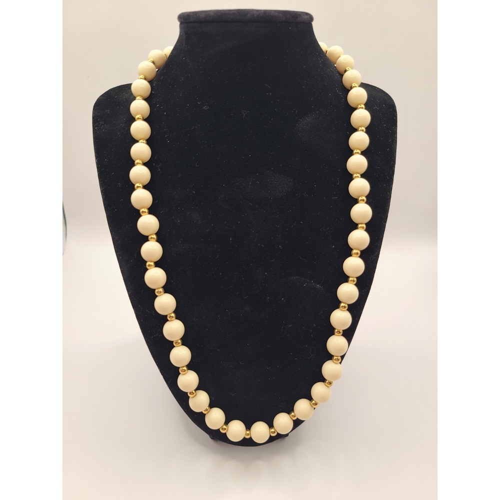 Vintage Trifari Strand Faux Pearl & Gold Tone Beads Necklace Old Money